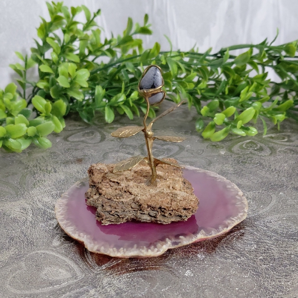 Decorative Stone and Metal Sculpture on Pink Agate Base